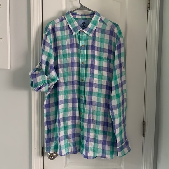 Ocean & Coast Mens 100% Linen Button Up Shirt plaid multicolored summer beach XL - Picture 1 of 11